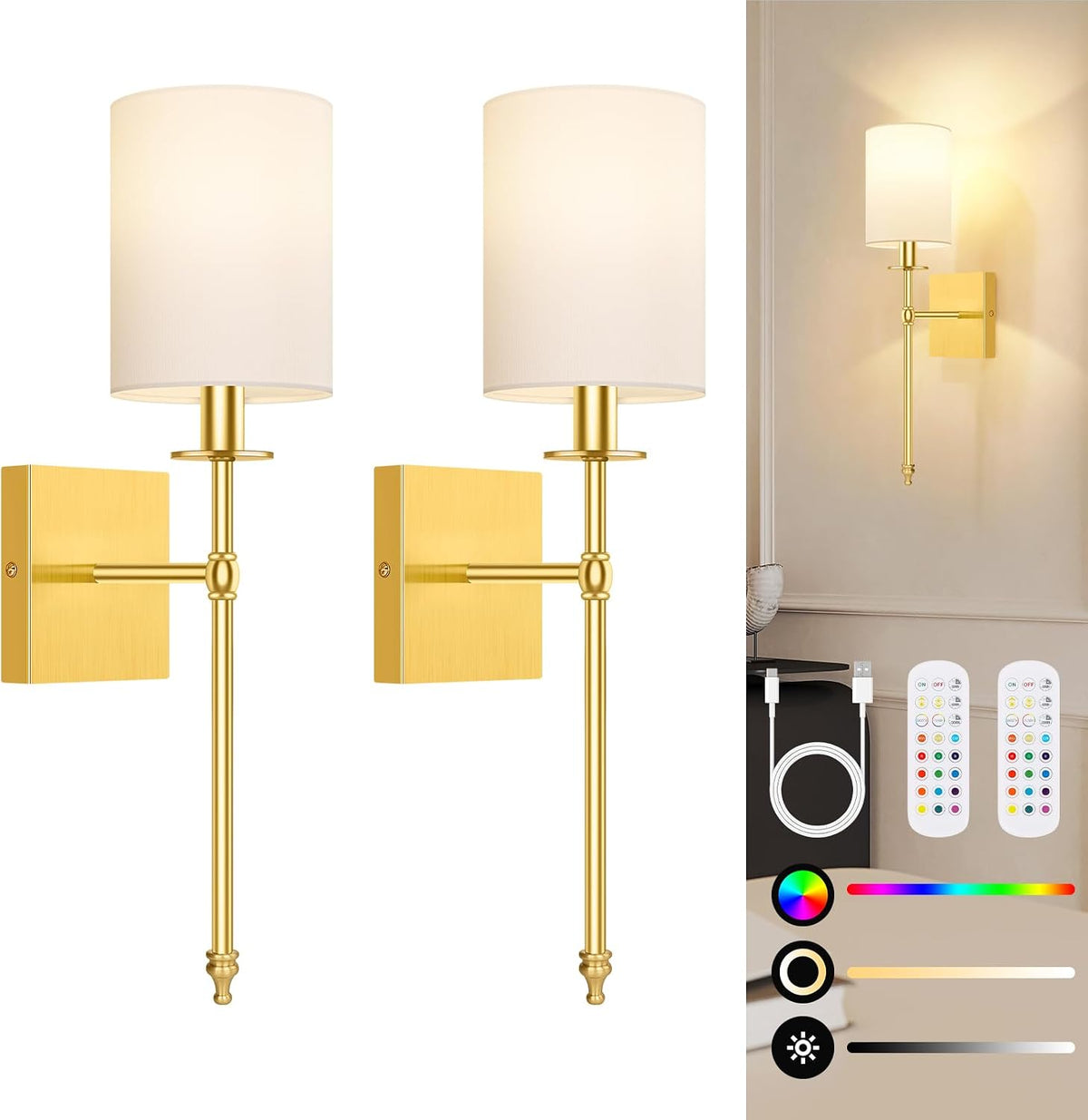 Battery Operated Wall Sconces Set of 2, Rechargeable Sconces with Remote