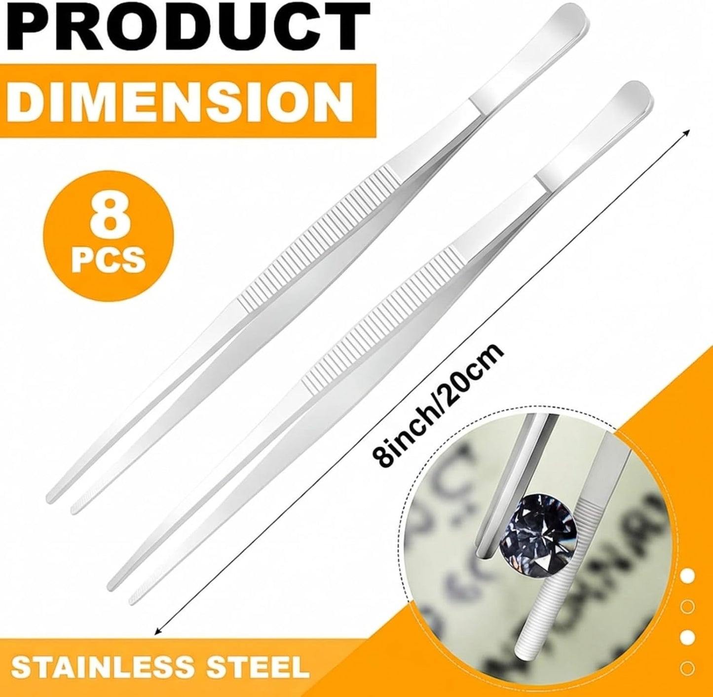 Yaomiao 4 Packs Bar Tweezers Long Garnish Tongs Bar Tweezers Stainless Steel Korean Bbq Tongs for Bartender Cocktail Cooking Food(Silver,8 Inch)