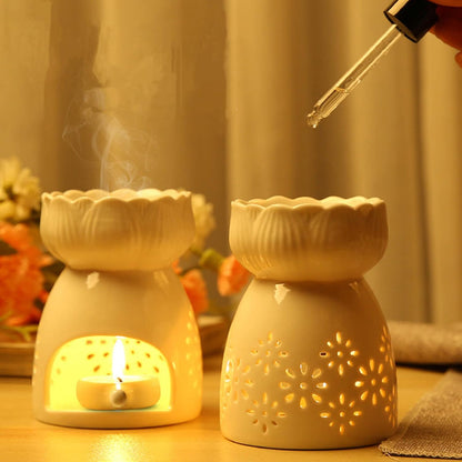 Lyellfe 3 Pack Ceramic Tealight Candle Holder with Spoon | White Carved Essential Oil Burner, Wax Warmer Aroma Diffuser for Birthday Valentines Mothers Day Gift Home Decor