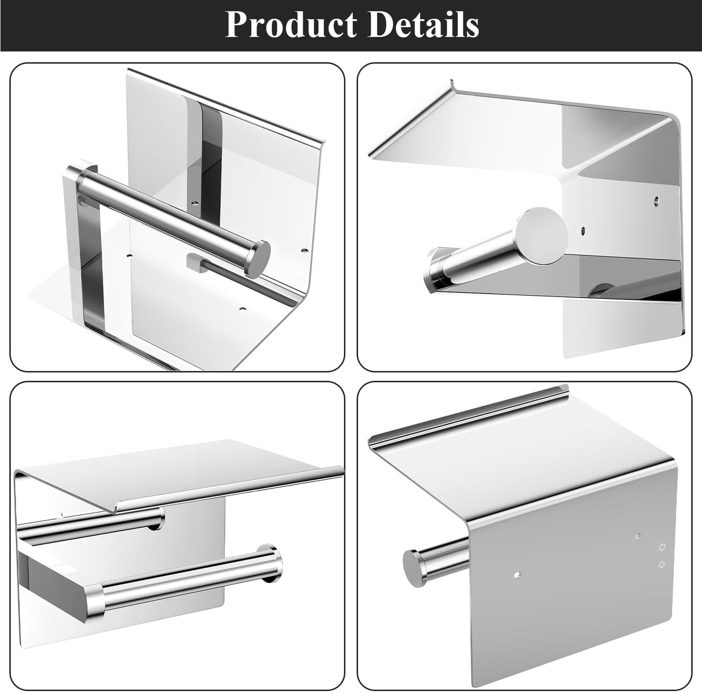 Tindbea Toilet Paper Holder Wall Mount + Towel Robe Hooks, Adhesive or Screw Wall Mounted Toilet Paper Roll Holder with Shelf, Stainless Steel Bathroom Organizers and Storage Kit (Brushed Gold)
