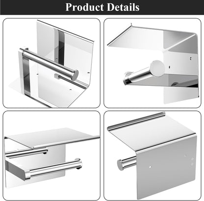 Tindbea Toilet Paper Holder Wall Mount + Towel Robe Hooks, Adhesive or Screw Wall Mounted Toilet Paper Roll Holder with Shelf, Stainless Steel Bathroom Organizers and Storage Kit (Brushed Gold)