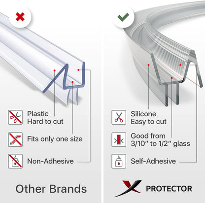 Frameless Shower Door Side Seal X-Protector - 40" Shower Door Seal | Self-Adhesive Shower Door Sweep - Premium Door Side Seal Strip - Silicone Glass Shower Seal Strip for All Door Thicknesses!