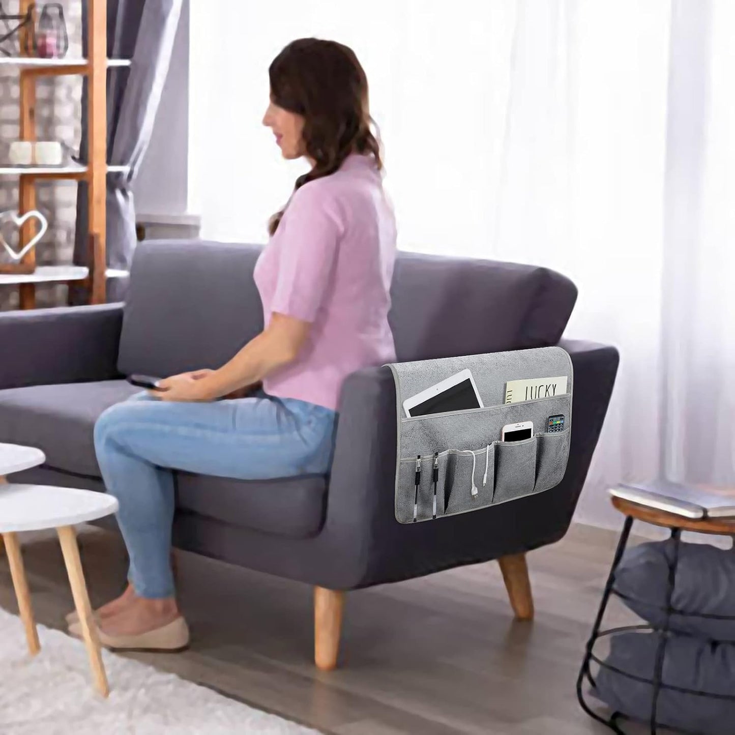 Remote Control Holders for Armchairs, Couch Caddy, Featuring Non-Slip Bases | 5 Pockets Bedside Storage Pocket for TV Remote Holder, Phone Tablet Kindle, Magazines, Gifts for Seniors (Beige, 35"X12.4")