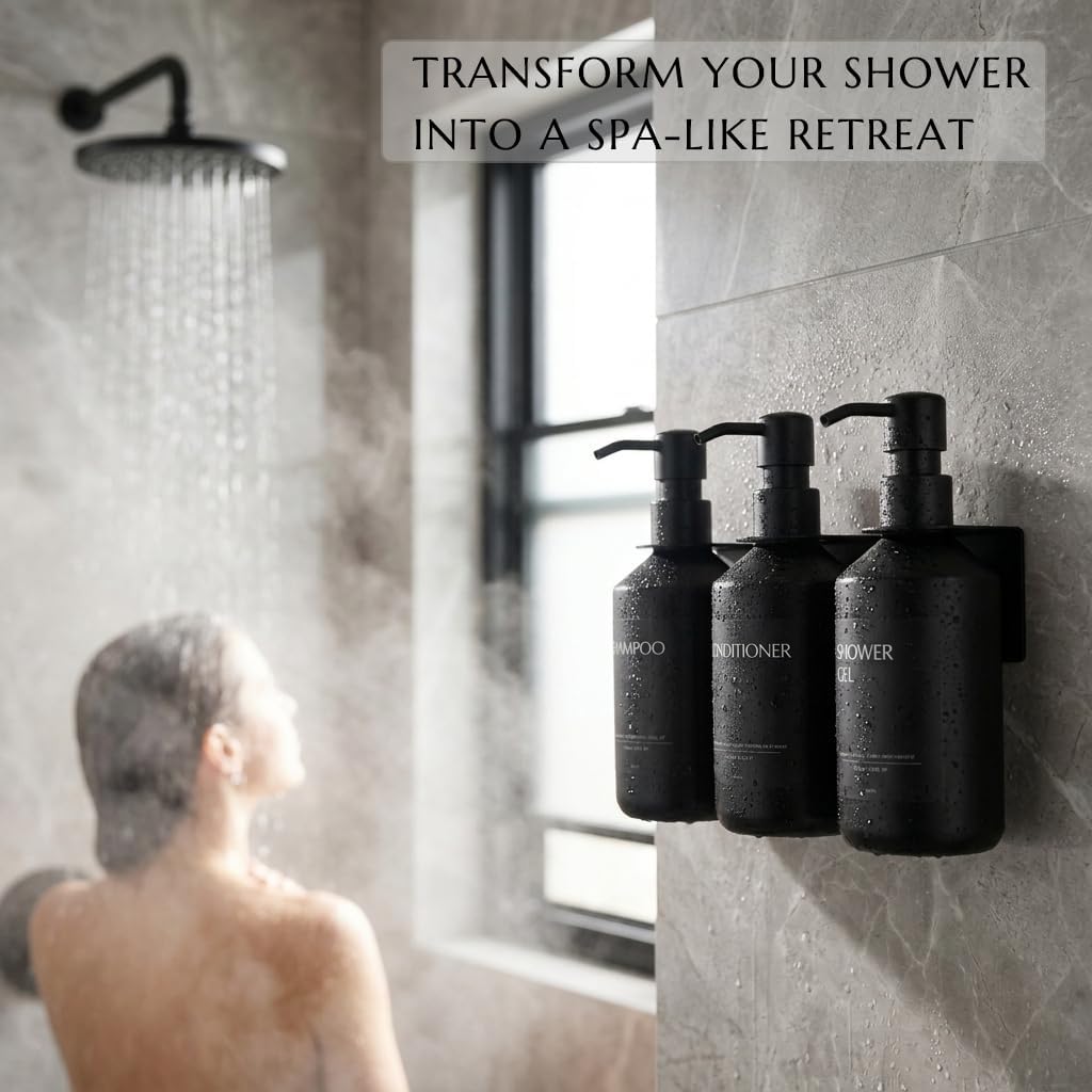 Shampoo and Conditioner Dispenser Set of 3 for Wall Mount | 16.9 fl oz Drill Free Shower Soap Bottles,Refillable Body Wash Dispensers for Bathroom Decor (Amber Bottles + Bamboo Pumps)
