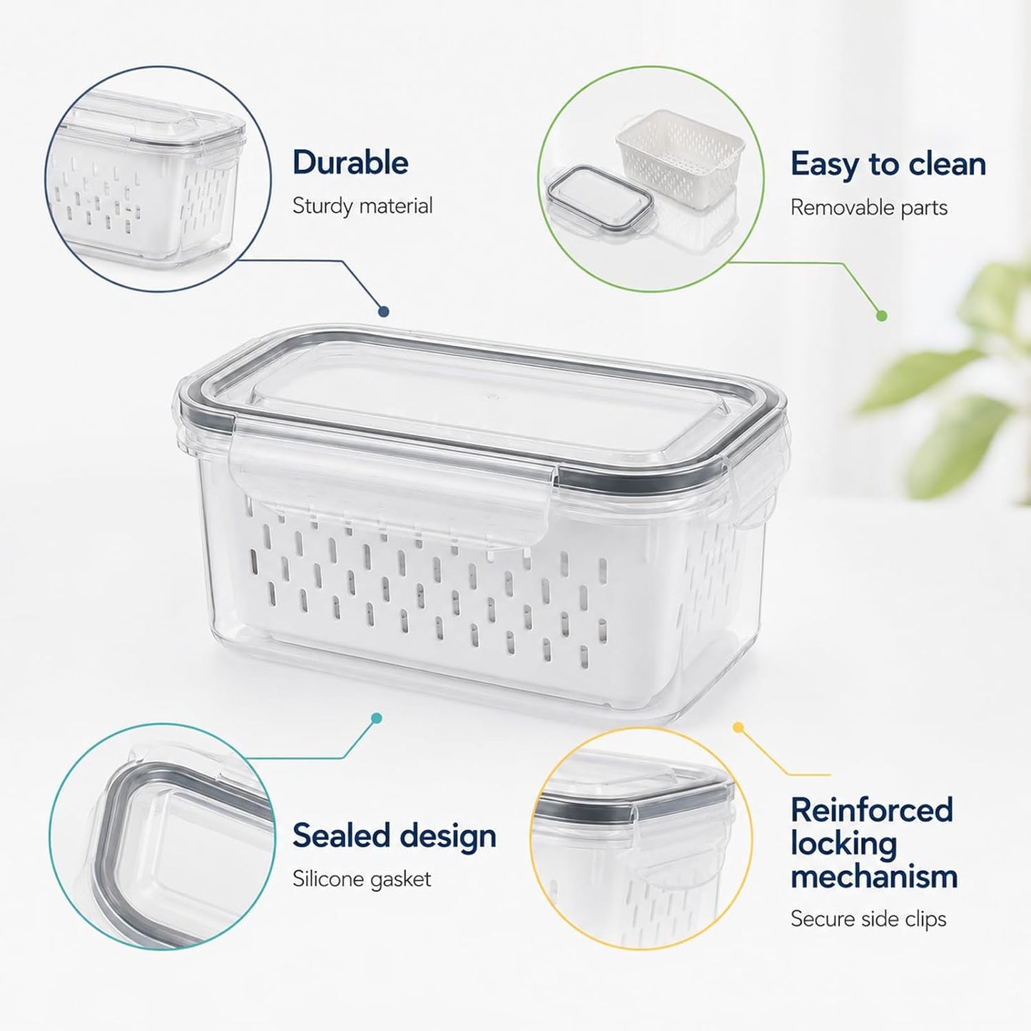 Fruit Storage Containers for Fridge (5x3.3x2.6 Inch) | Leakproof Produce Containers for Fridge with Removable Colander, Food Storage Containers, Durable, Keeps Food Fresh Longer