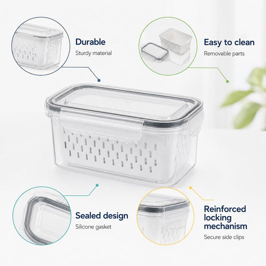 Fruit Storage Containers for Fridge (5x3.3x2.6 Inch) | Leakproof Produce Containers for Fridge with Removable Colander, Food Storage Containers, Durable, Keeps Food Fresh Longer