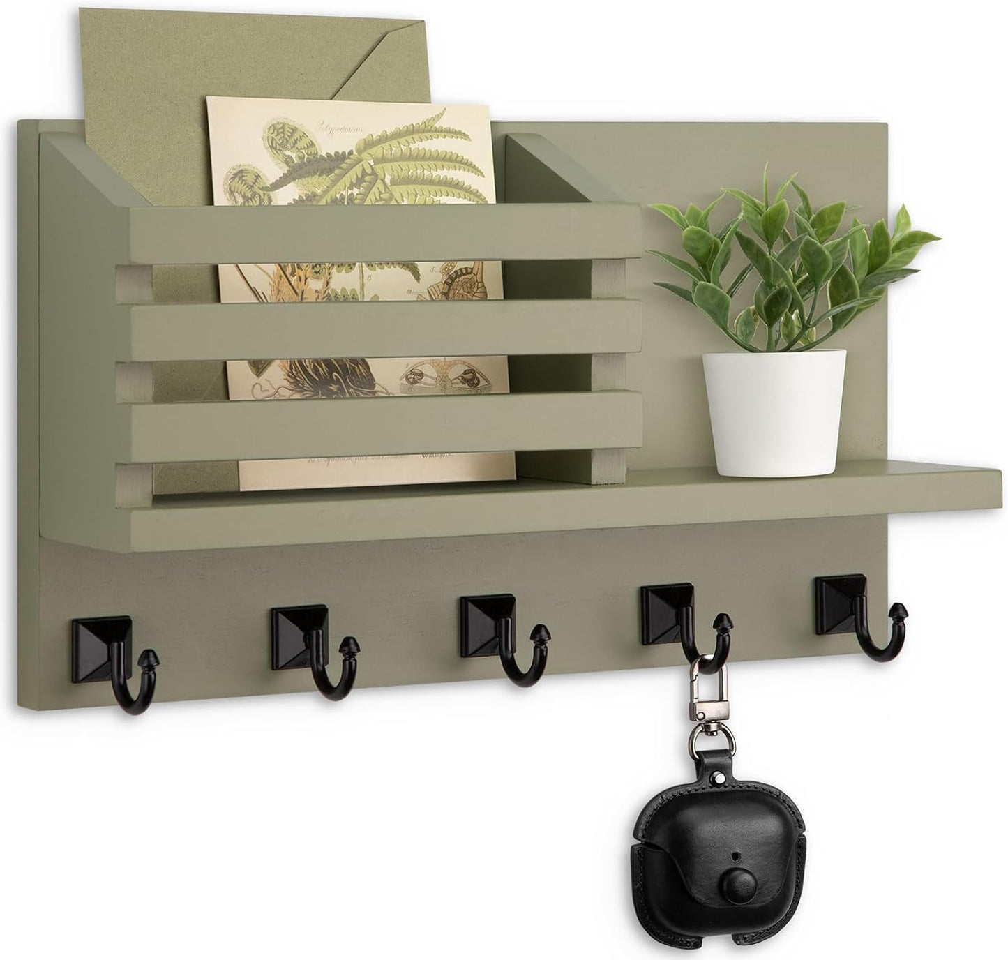 Key Holder Wall Mount, Mail Organizer for Wall with 5 Square Key Hooks | Key Holder for Wall, Key Holder with Shelf Farmhouse Home Decor for Home Entryway