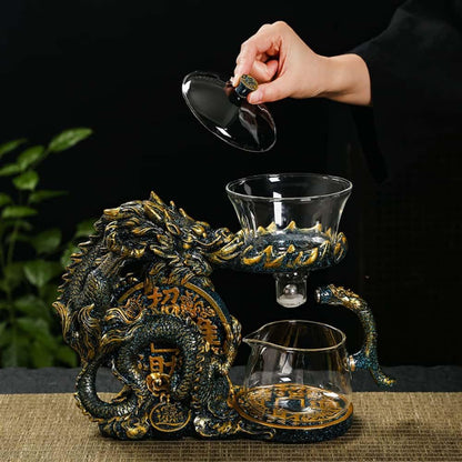 Glass Teapot Set with Infuser Semi Automatic Dragon Tea Set (Blue golden teapot)