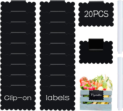 20 Basket Labels Clip On, Reusable Labels for Storage Bins, Removable Chalk Labels for Containers, Kitchen Closet Baskets and Storage Basket Holders with 2 White Chalk Markers