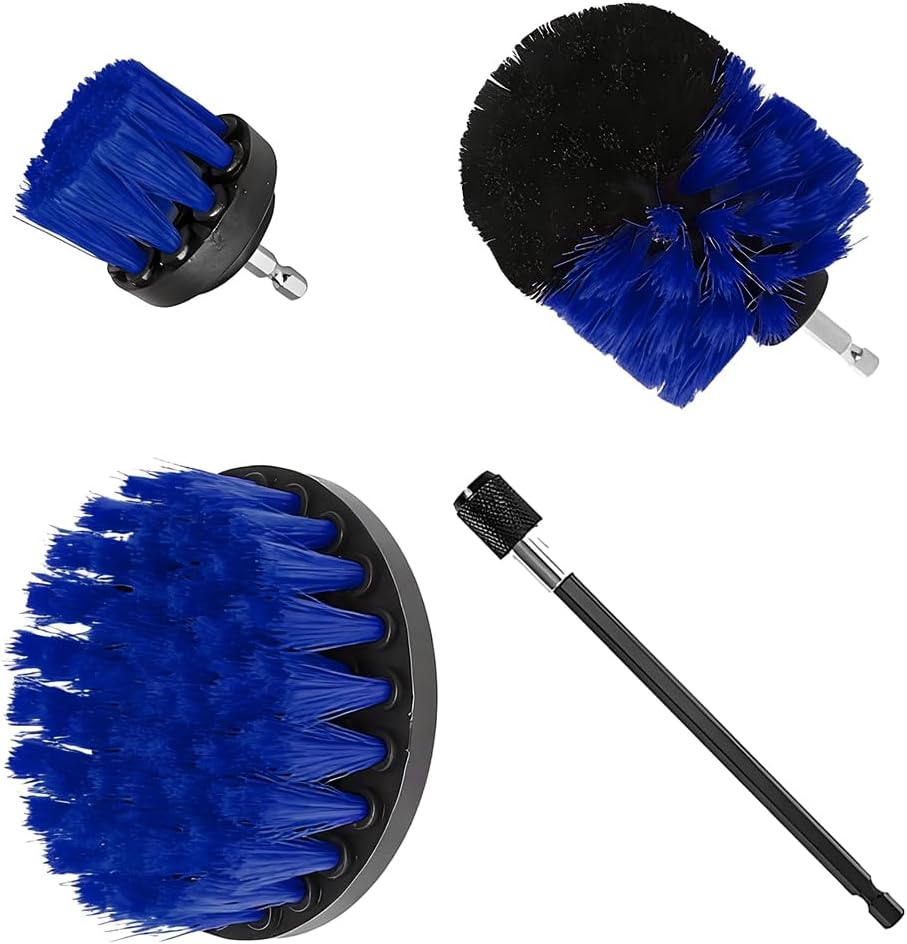 4PCS Drill Brush Attachment Kit with Extension Rod, Red | PP bristles with steel shafts, three brush sizes, quick-change extension rod, follows curved surfaces, compact storage