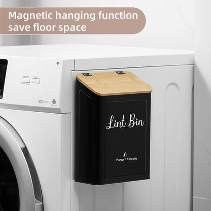 SUBEKYU Magnetic Lint Bin for Laundry Room Organization and Storage,White | Wall Mounted Metal Lint Box Holder Trash Can with Bamboo Lid for Dryer,Lint Basket for Laundry Room Decor