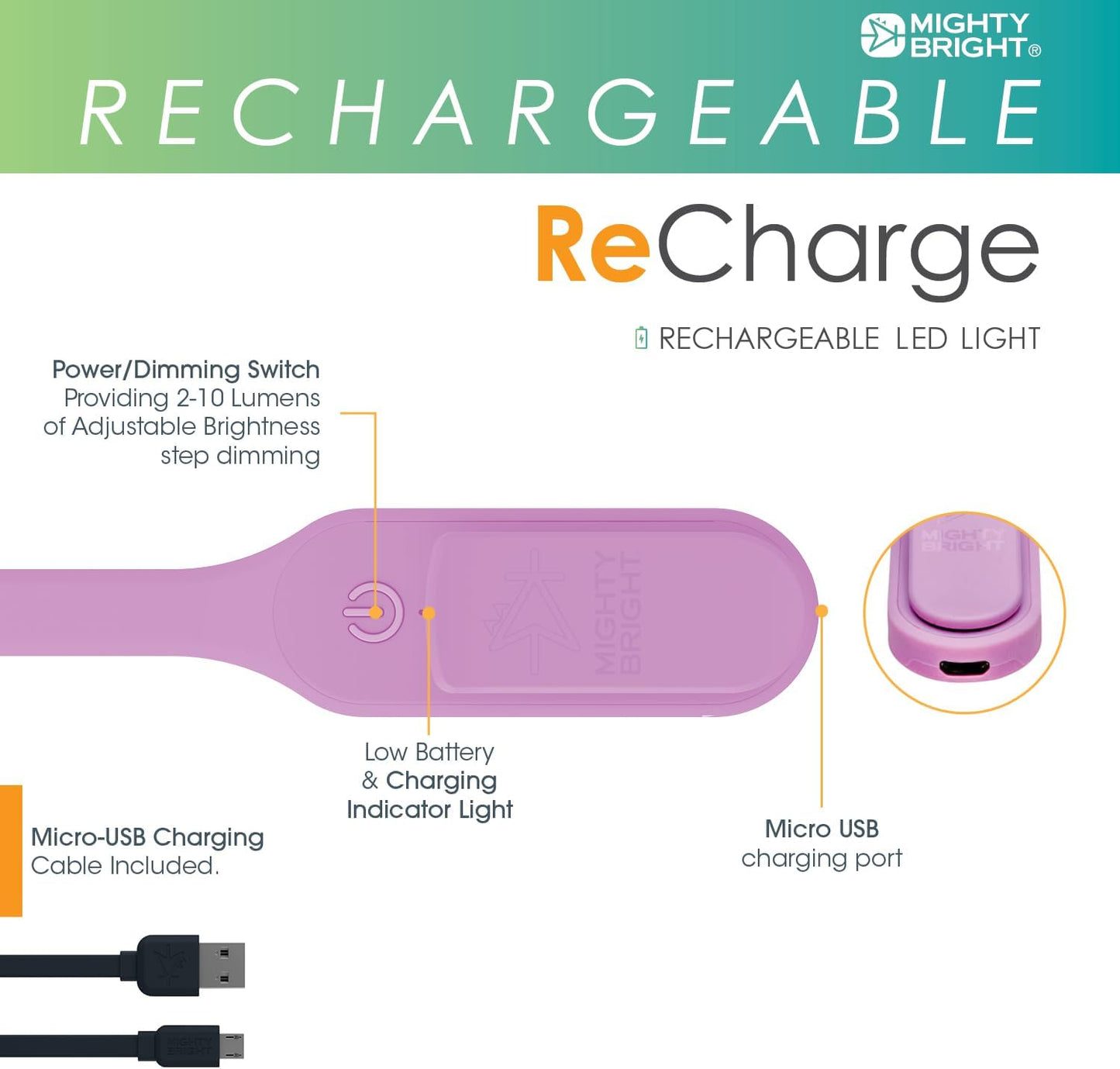 The Original Mighty Bright Recharge Clip On Rechargeable Book Light Reading Light, Warm Eye Care LEDs, Flexible, Durable, Dimmable, Perfect for Kids, Bookworms, Reading in Bed, Lasts 60 Hours (Green)