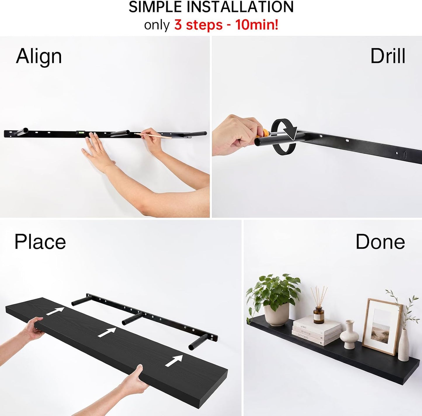 BAYKA Rustic Brown Floating Shelves 22.5in, Set of 2, Wall Mount Wood Shelf | Easy Install, 22lbs Max Load, Hidden Bracket, for Bathroom Bedroom Living Room or Kitchen, Hanging Shelf Book Decor Storage