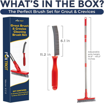 Foxtrot Living Grout Brush with Long Handle and Crevice Cleaning Brush Set | V-shaped, telescopic handle, crevice cleaning included, Grout cleaner for tile floors
