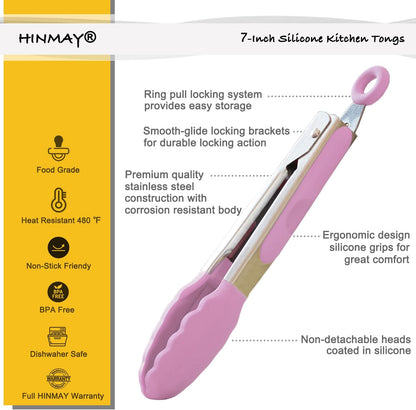 HINMAY Mini Tongs with Silicone Tips 7-Inch Serving Tongs, Set of 3 (Red Blue Green)