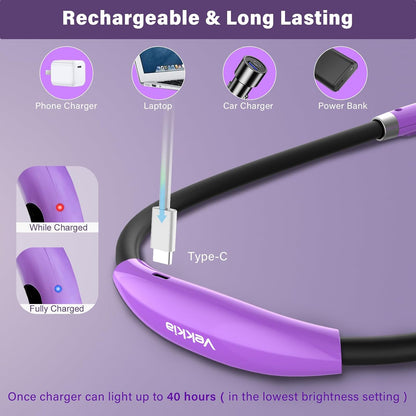 Vekkia Rechargeable LED Neck Book Light for Reading in Bed | 3 Brightness Levels/Flexible Soft Silicone Arms Comfortable Wear/Long Lasting,Great for Readers, Craft & Knitting