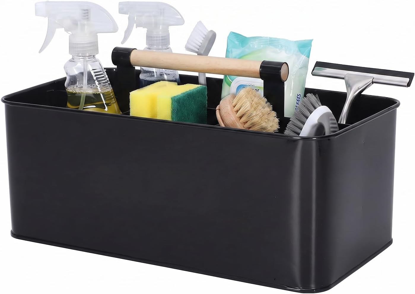 Cleaning Caddy with Handle, Black Metal Supply Organizer | Metal body, 12.8 in caddy, bathroom and under sink storage, wooden handle, divided layout, smooth rounded edges