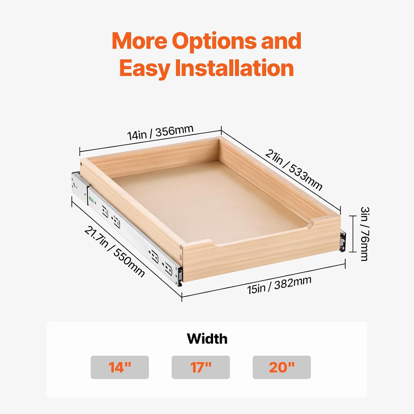 VEVOR Pull Out Cabinet Organizer, 14"W x 21"D Cabinet Drawer, Soft Close Slide out Shelf, Heavy-Duty Sliding Wood Drawer, Bottom Mount Size（14.5"W x 23"D）and Side Mount Size（15"W x 23"D） | Heavy-Duty Sliding Shelf with Bottom or Side Mounting for