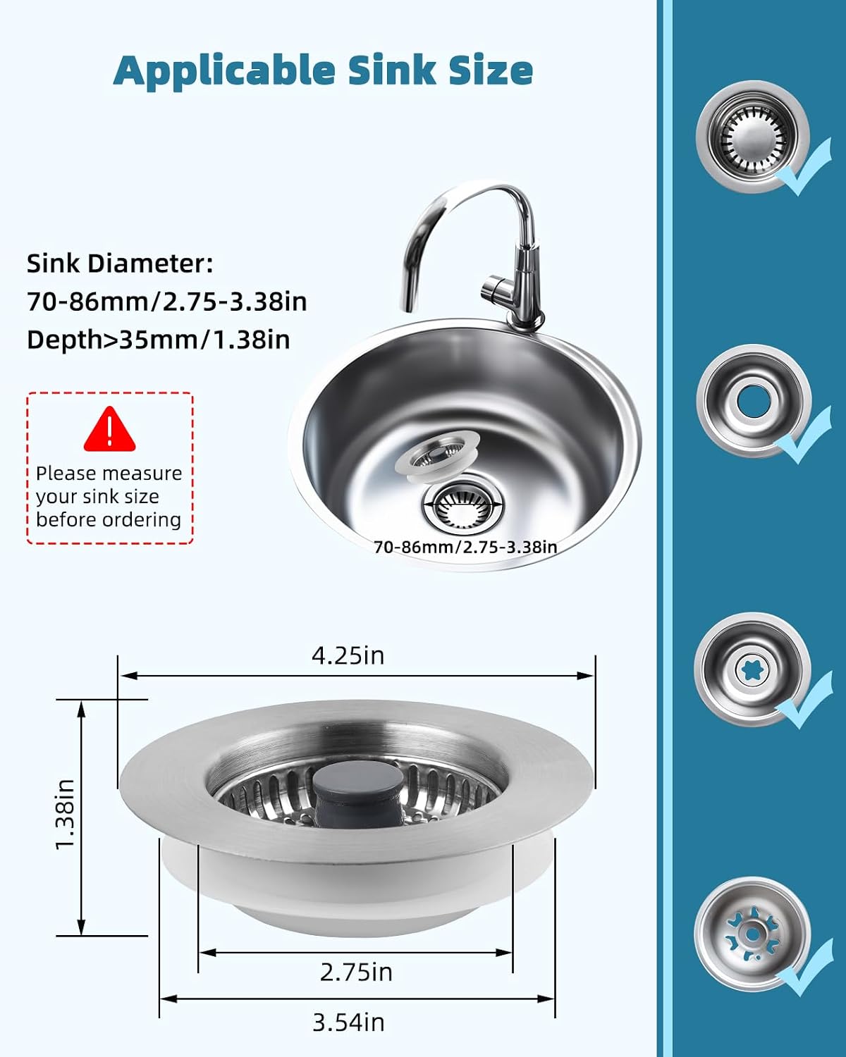 Universal 3 in 1 Kitchen Sink Drain Strainer Stopper Combo, Matte Black | Stainless Steel Shell Pop Up Sink Stopper for US Standard 3-1/2 inch Drain Filter, Anti-Clog and Easy Clean