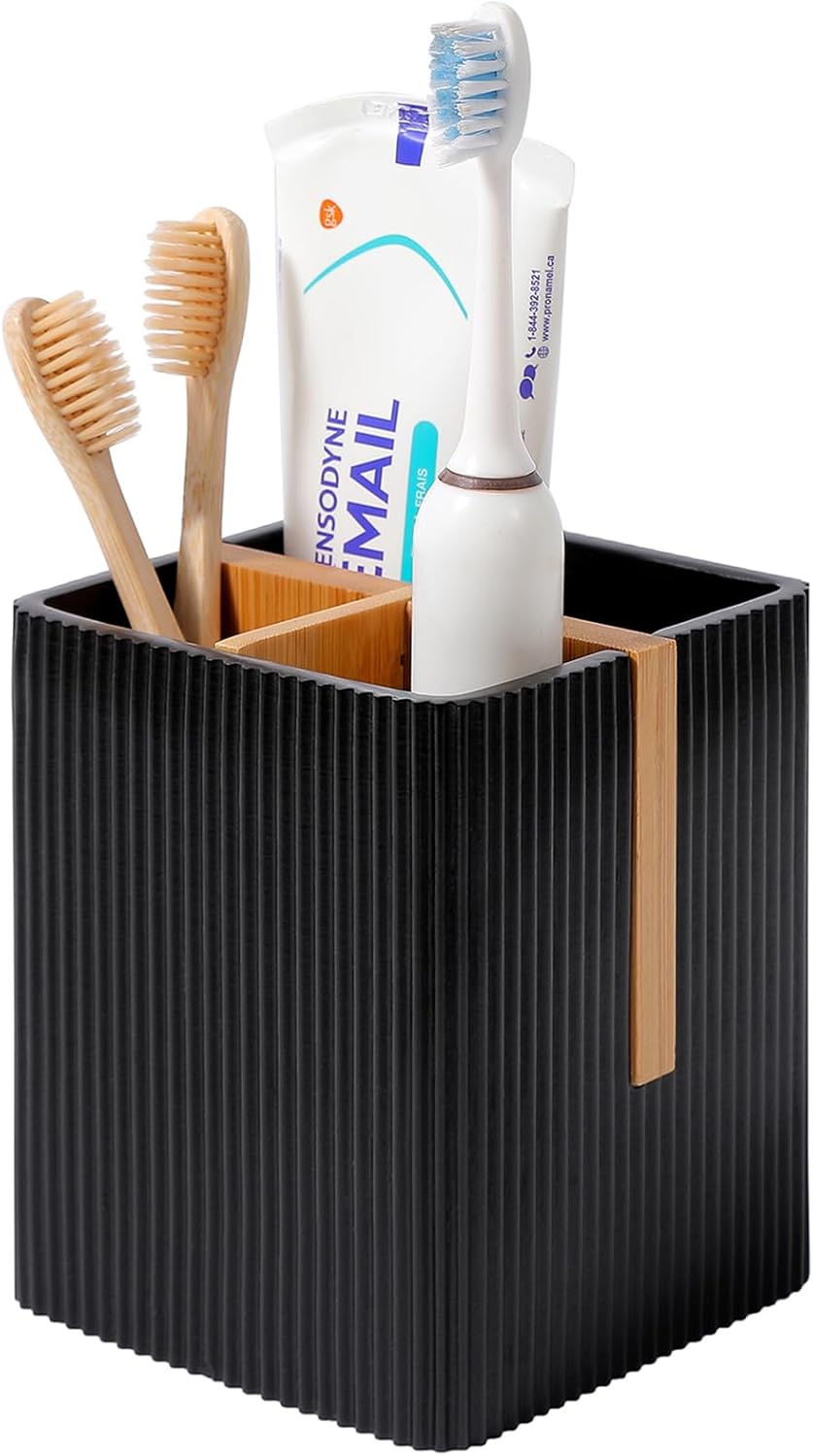 Toothbrush Holders for Bathroom, Bamboo Electric Toothbrush Stand, White | Toothbrush and Toothpaste Organizer for Sink Countertop, Bathroom Storage Stand for Brushing Accessories