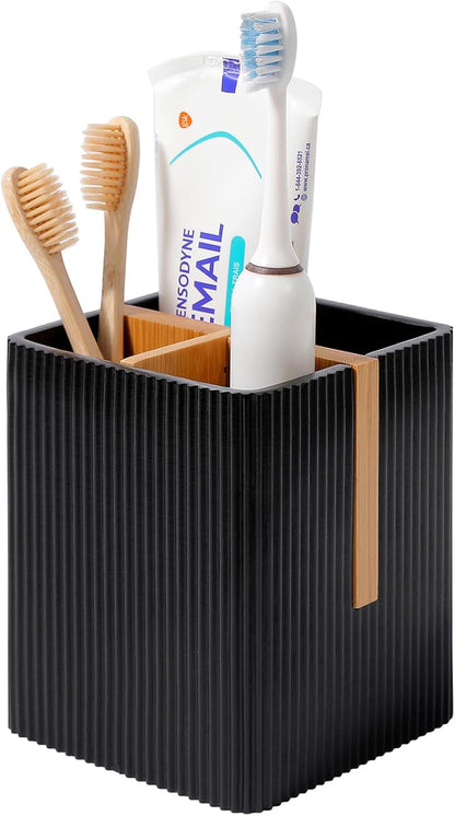 Toothbrush Holders for Bathroom, Bamboo Electric Toothbrush Stand, White | Toothbrush and Toothpaste Organizer for Sink Countertop, Bathroom Storage Stand for Brushing Accessories