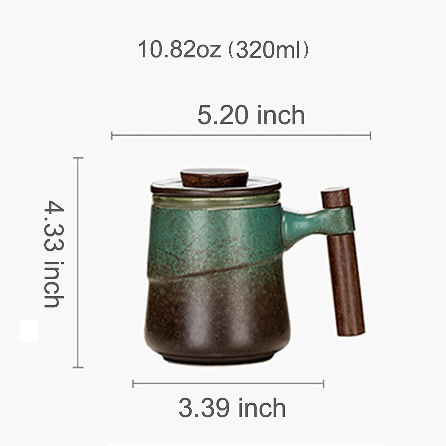 Tea Cup with Infuser and Lid, Rural style Wood Handle Ceramic Mugs Green | Tea Mug Cups with Infuser, Capacity about 320ml / 10.82 OZ, Suitable for Tea, Flower Buds, Coffee, Water, it is LEAD-FREE