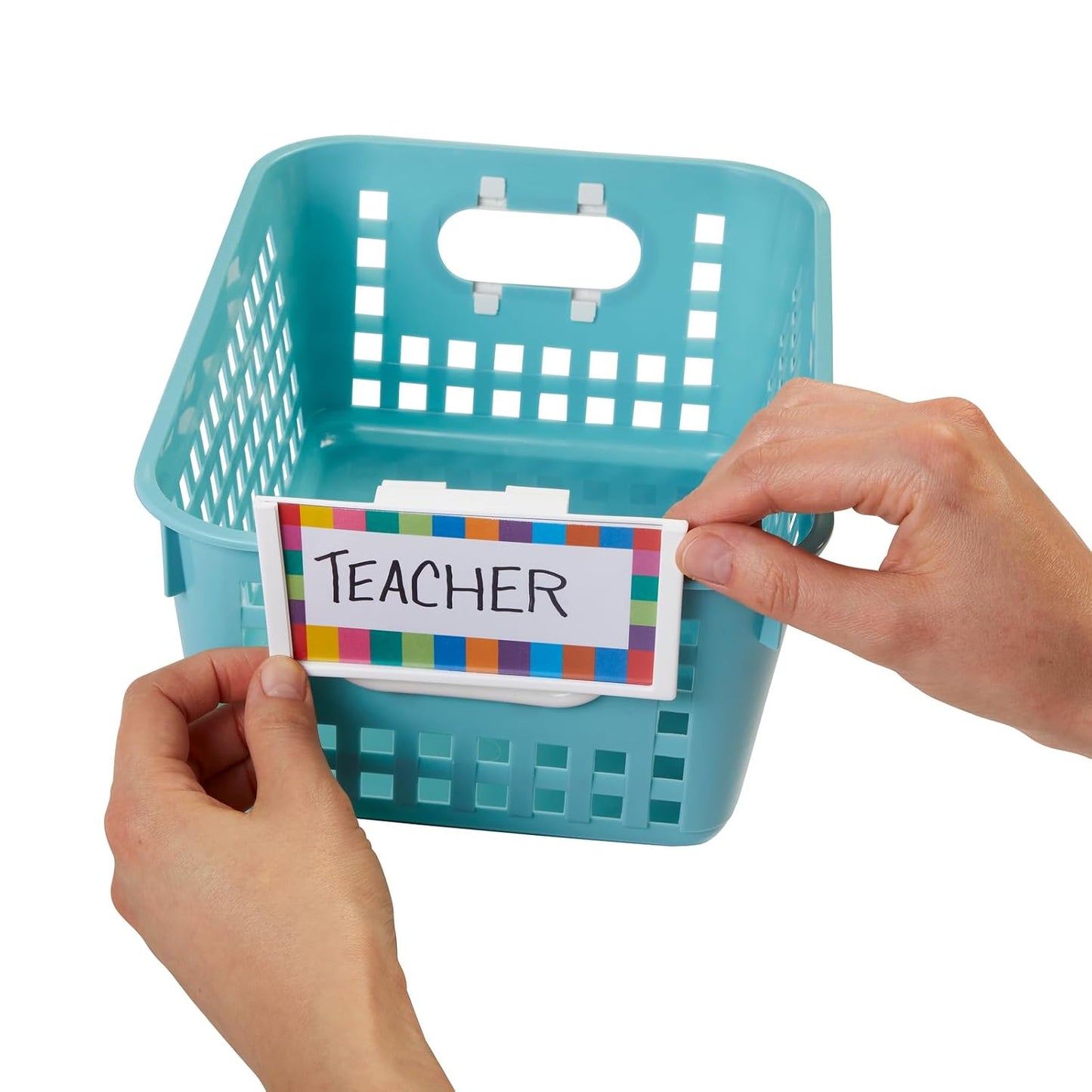 Really Good Stuff Basket & Bin Label Holders with Labels, 12-Pack | Storage for Classroom Organization, Plastic Label Clip & Holder for Baskets, Clear & Durable