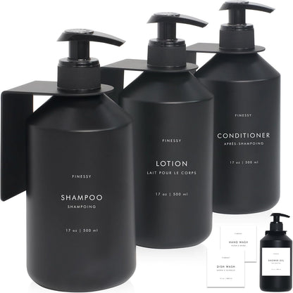 FINESSY Amber Shampoo and Conditioner Dispenser for Shower Wall No Drill | 3 Plastic 17oz Fillable Shower Bottles With Labels. Shower Shampoo Dispenser Wall Mounted. Airbnb Empty Soap Pump Bottles.