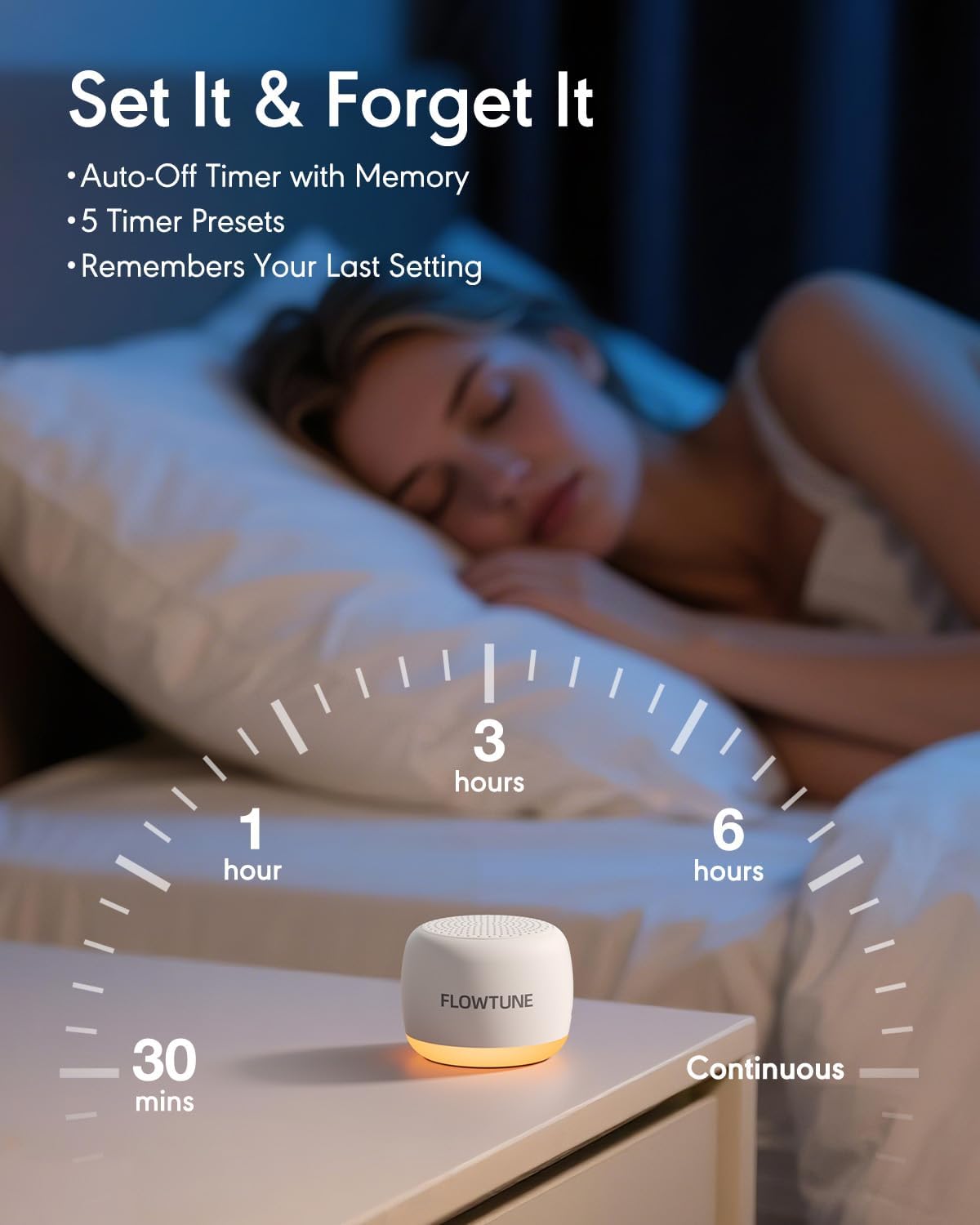 FLOWTUNE Sound Machine with Night Light White Noise Machine for Baby Adults, 18 Non-looping Sounds, Timer, Memory Function, Portable Sleep Sound Therapy Gift
