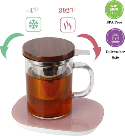 Tea Cup with Infuser Walnut Lid&Handle, Glass Tea Cups with Wide Mouth Extra Large Capacity, Stainless Steel Tea Infuser Mug for Loose Leaf Tea Steeping(14oz/400ml)
