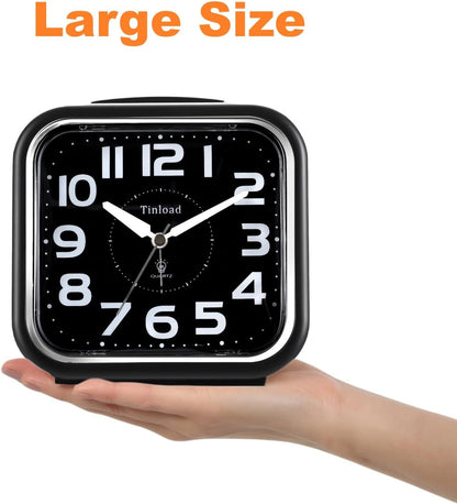 Tinload 5.5" Large Analog Alarm Clock Silent Non Ticking, Gentle Wake, Beep Sounds, Increasing Volume, Battery Operated Snooze and Manual Light, Easy Set, Black (Best for Elder)