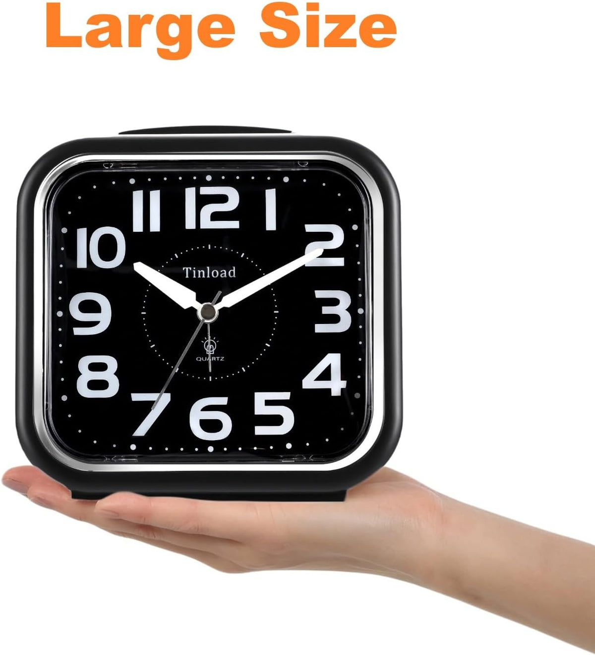 Tinload 5.5" Large Analog Alarm Clock Silent Non Ticking, Gentle Wake, Beep Sounds, Increasing Volume, Battery Operated Snooze and Manual Light, Easy Set, Black (Best for Elder)