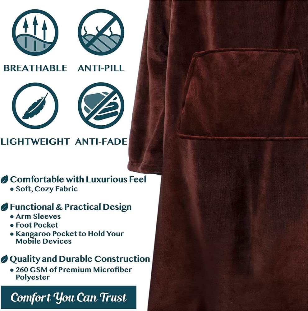PAVILIA Fleece Blanket with Sleeves and Foot Pockets Women Men, Dark Purple