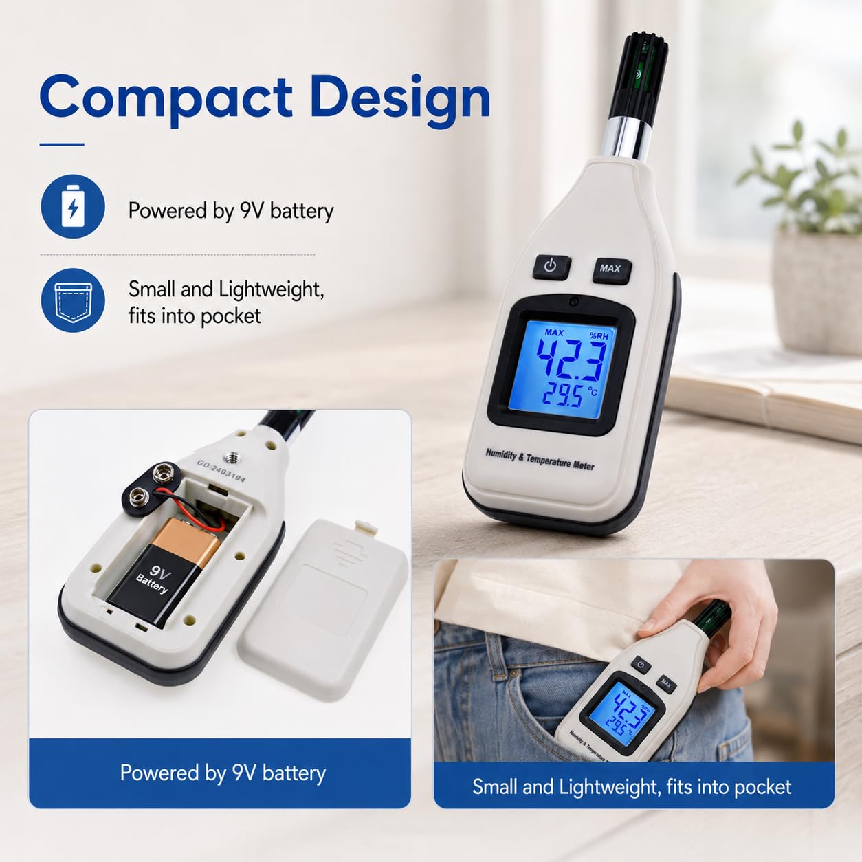 Handheld Digital Humidity & Temperature Meter 0~100% RH/ -30~70°C (-22~158°F) LCD Display Backlight Moisture Thermo Hygrometer Thermometer Small Tester Gauge for Home Kitchen Indoor Outdoor