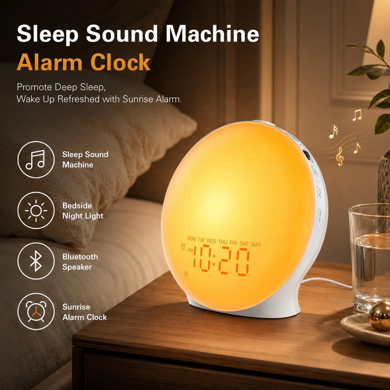 JALL Full Screen Sleep Sound Machine Sunrise Alarm Clock with 25 White Noise Nature Sounds, Wake Up Light for Bedrooms, Hi-Fi Bluetooth Speaker, 8-Hour Sleep Timer