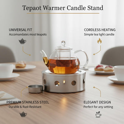 Stainless Steel Tea Light Candle Holder Stand for Glass Kettles and Mugs, 5.9x5.9 Inch Base