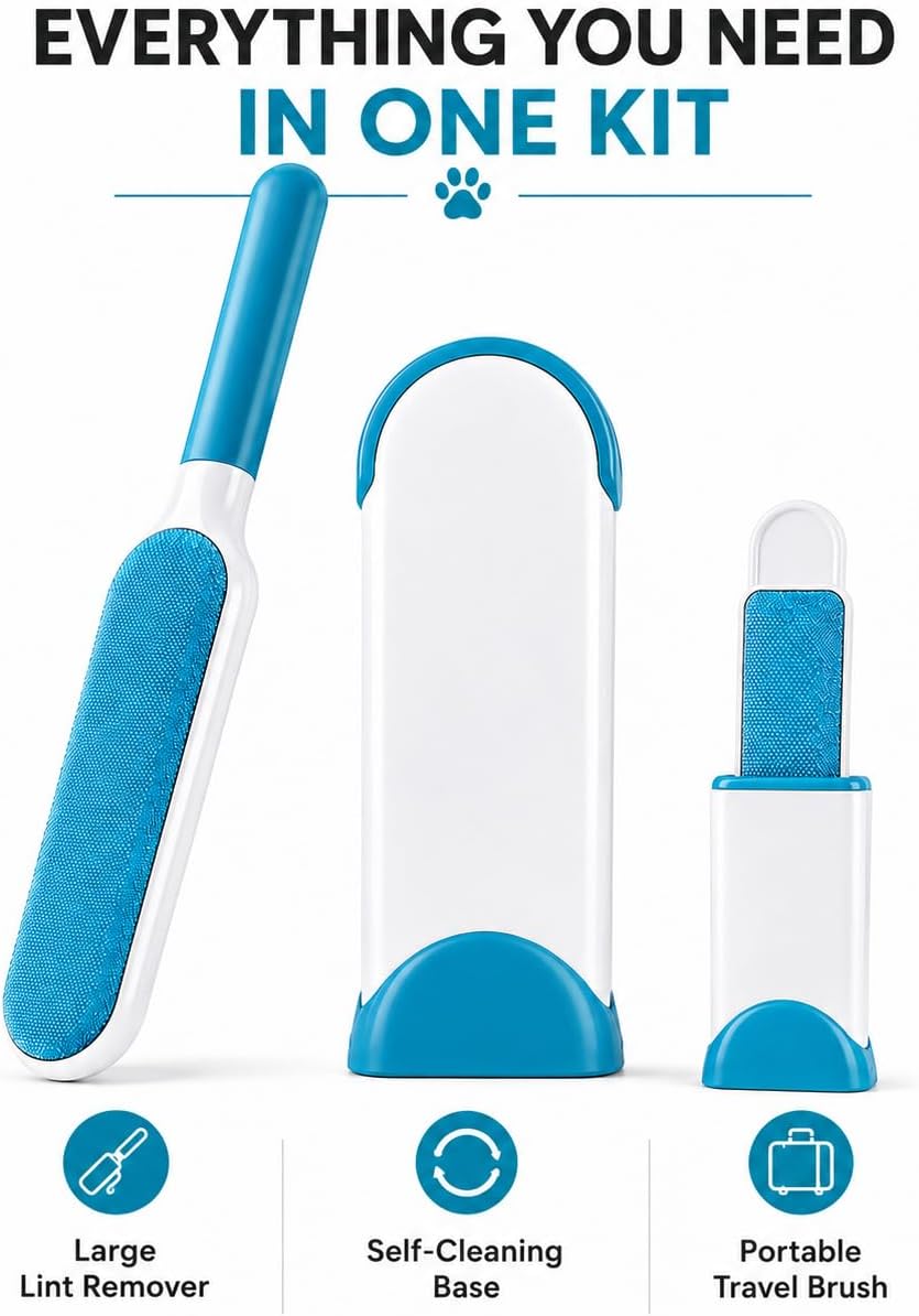 Pet Hair Remover Brush Set for Dog & Cat Hair, Reusable Lint Roller, Self-Cleaning Pet Hair Removal Tool for Couch, Clothes & Furniture