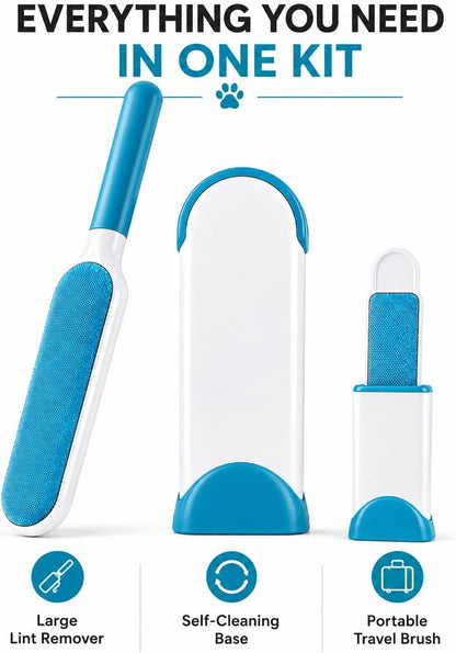 Pet Hair Remover Brush Set for Dog & Cat Hair, Reusable Lint Roller, Self-Cleaning Pet Hair Removal Tool for Couch, Clothes & Furniture