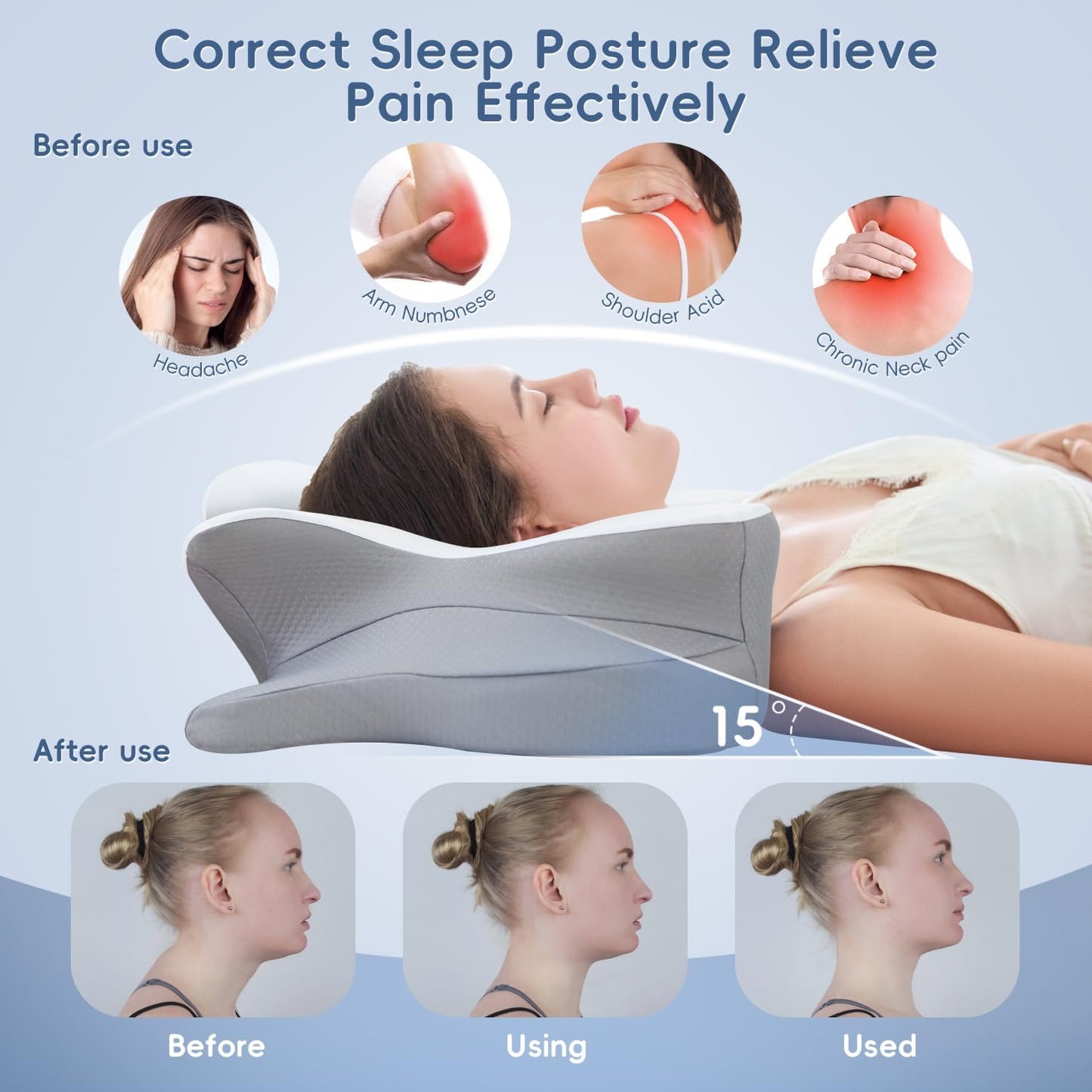 Cervical Neck Pillow, Memory Foam Pillow with Dual Height, White | Ergonomic Pillow for Neck Pain Relief, Breathable Cover,Neck Support Pillow for Side Back & Stomach Sleepers, Odorless