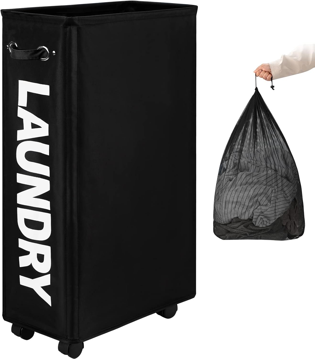 DOKEHOM 25" Slim Rolling Laundry Basket Hamper, Narrow on Wheels, Grey | Collapsible narrow laundry hamper with mesh drawstring closure. Foldable corner clothes storage bin for small spaces