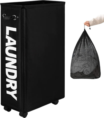 DOKEHOM 25" Slim Rolling Laundry Basket Hamper, Narrow on Wheels, Grey | Collapsible narrow laundry hamper with mesh drawstring closure. Foldable corner clothes storage bin for small spaces