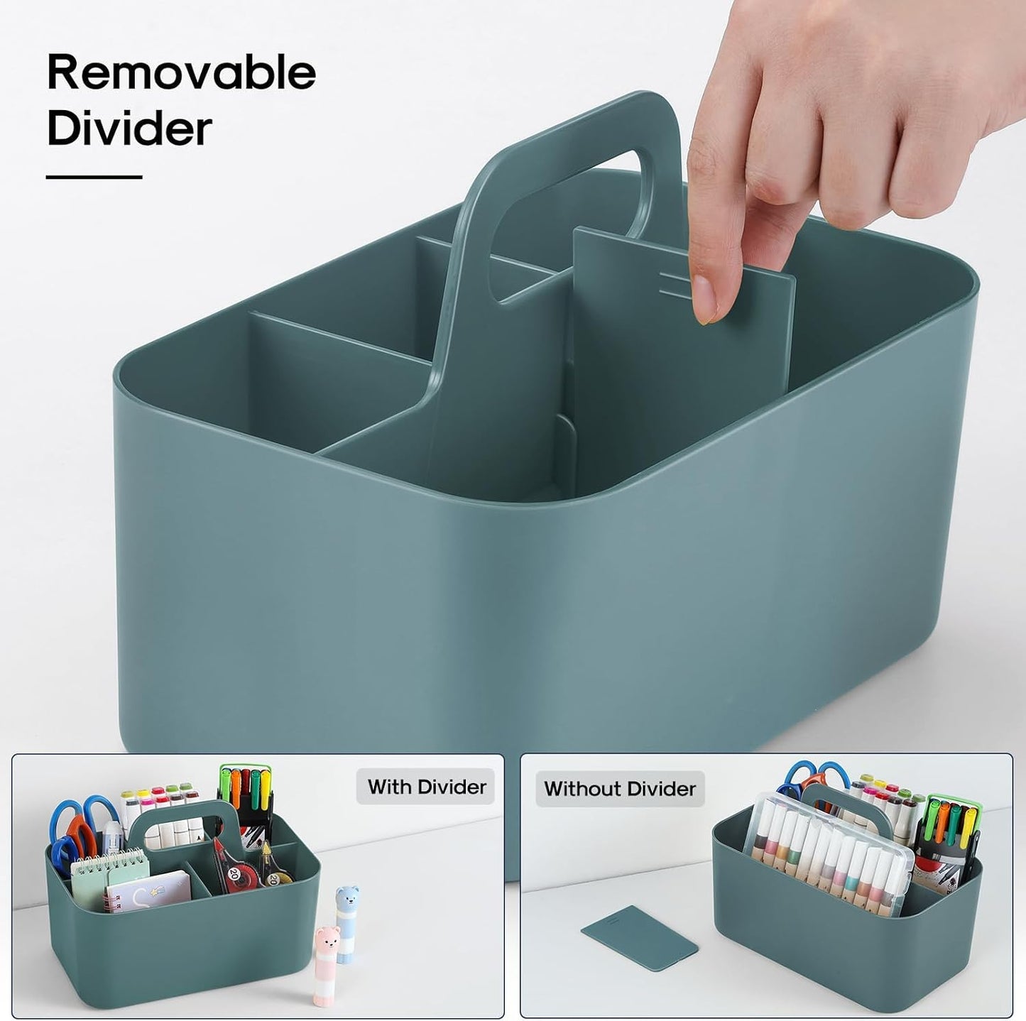 Multiuse Caddy Organizer with Handle, Portable Divided Plastic Tote Bin - Art Craft, Stationary Pen Marker Crayons, Makeup Hair Supplies Storage - Bathroom, Classroom, Dorm, Office, Desk Holder - Grey