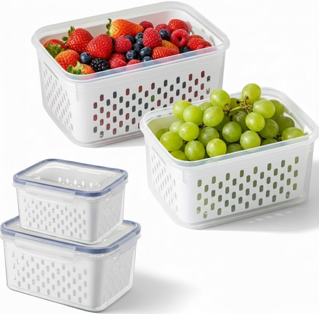 Fruit Storage Containers for Fridge 2 Pack, Fridge Organizers and Storage, Fruit and Vegetable Storage Produce Box with Drain Basket, Refrigerator Food Saver Set