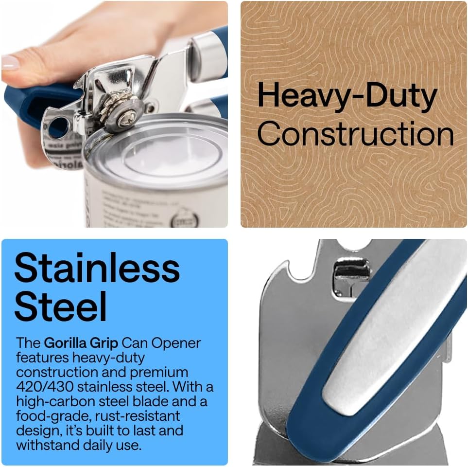 GORILLA GRIP Original Model Stainless Steel Smooth Edge Manual Can Opener and Bottle Openers, US Designed, Comfortable Handle, Oversized Handheld Turn Knob, Multifunctional Kitchen Tool, Gray