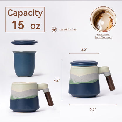 Ceramic Tea Mug with Infuser & Lid, 15oz Kiln-Transformed Unique Cup – Nature's Artisan Design, Loose Leaf Tea Cup with Infuser, Insulated Ceramic Coffee Mugs with Lid, Gift for Women/Men