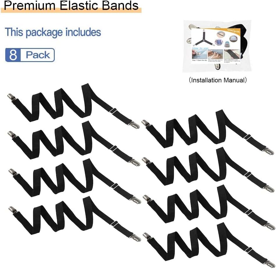 Adjustable Bed Sheet Straps Clips, Elastic Mattress Sheet Fasteners Holder and Suspenders, Grippers to Hold Sheet, Mattress, Sofa, Couch, Table Cloth, Recliner Ironing Board Cover and More