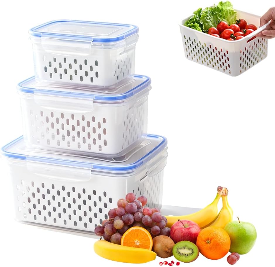 Fruit Storage Containers for Fridge with Removable Colanders and Lids | 4-in-1 Multifunctional transparent plastic produce containers, leakproof fridge organizers for Fruit, vegetables & meal prep