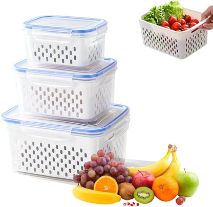 Fruit Storage Containers for Fridge with Removable Colanders and Lids | 4-in-1 Multifunctional transparent plastic produce containers, leakproof fridge organizers for Fruit, vegetables & meal prep