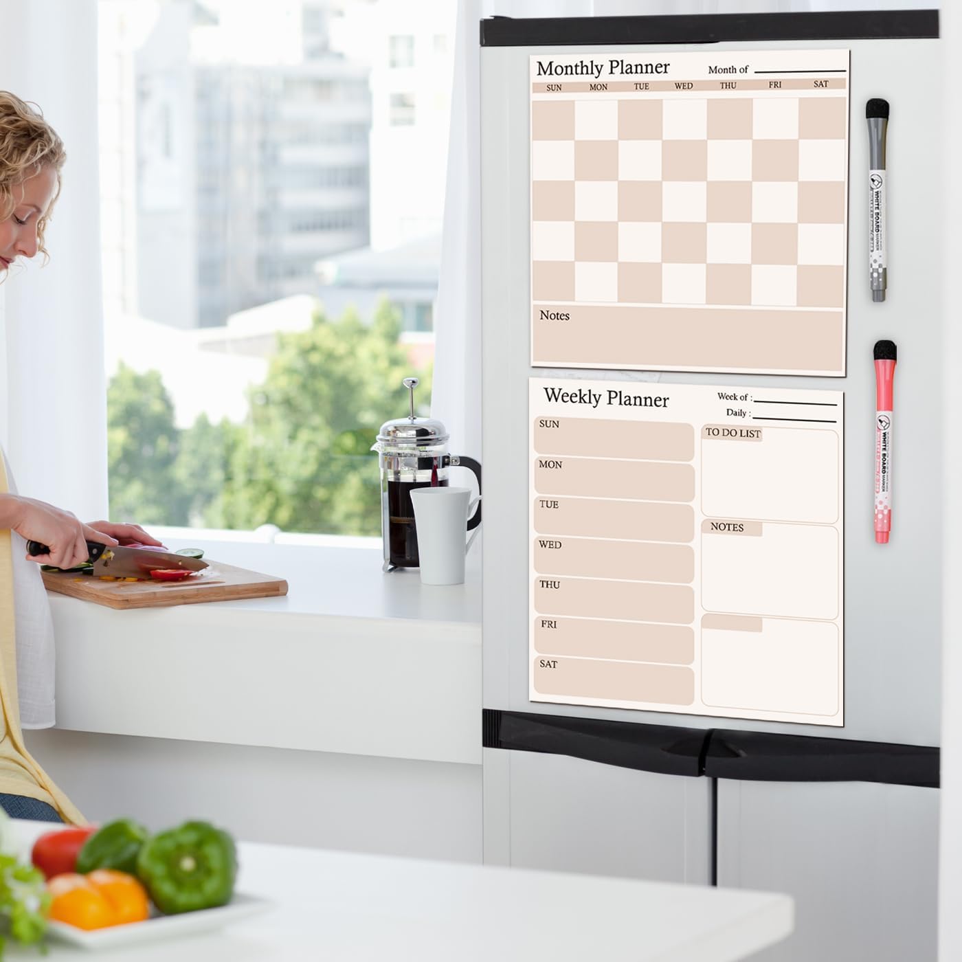 Magnetic Calendar for Refrigerator, 2 Pack Dry Erase Fridge Calendar Whiteboard – Monthly & Weekly Planner Board with Markers and Eraser for Modern Kitchen (Checkerboard Pattern)