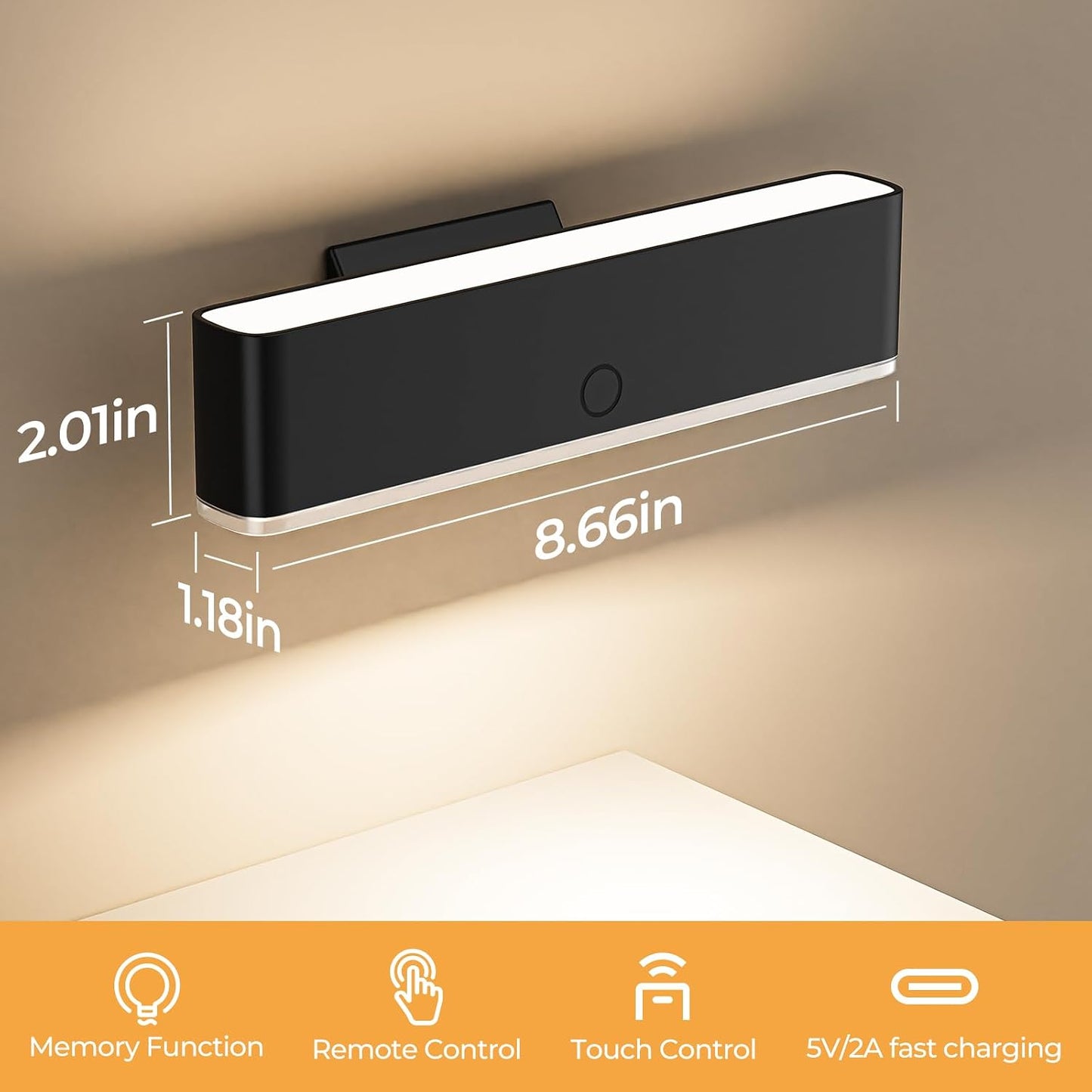 MOITA Battery Operated Wall Sconce Set of 2 Wireless Wall Lamp with Remote Control & Touch Control Rechargeable LED Wall Lights 3 Color Temperatures 360° Rotatable for Bedroom Living Room Black